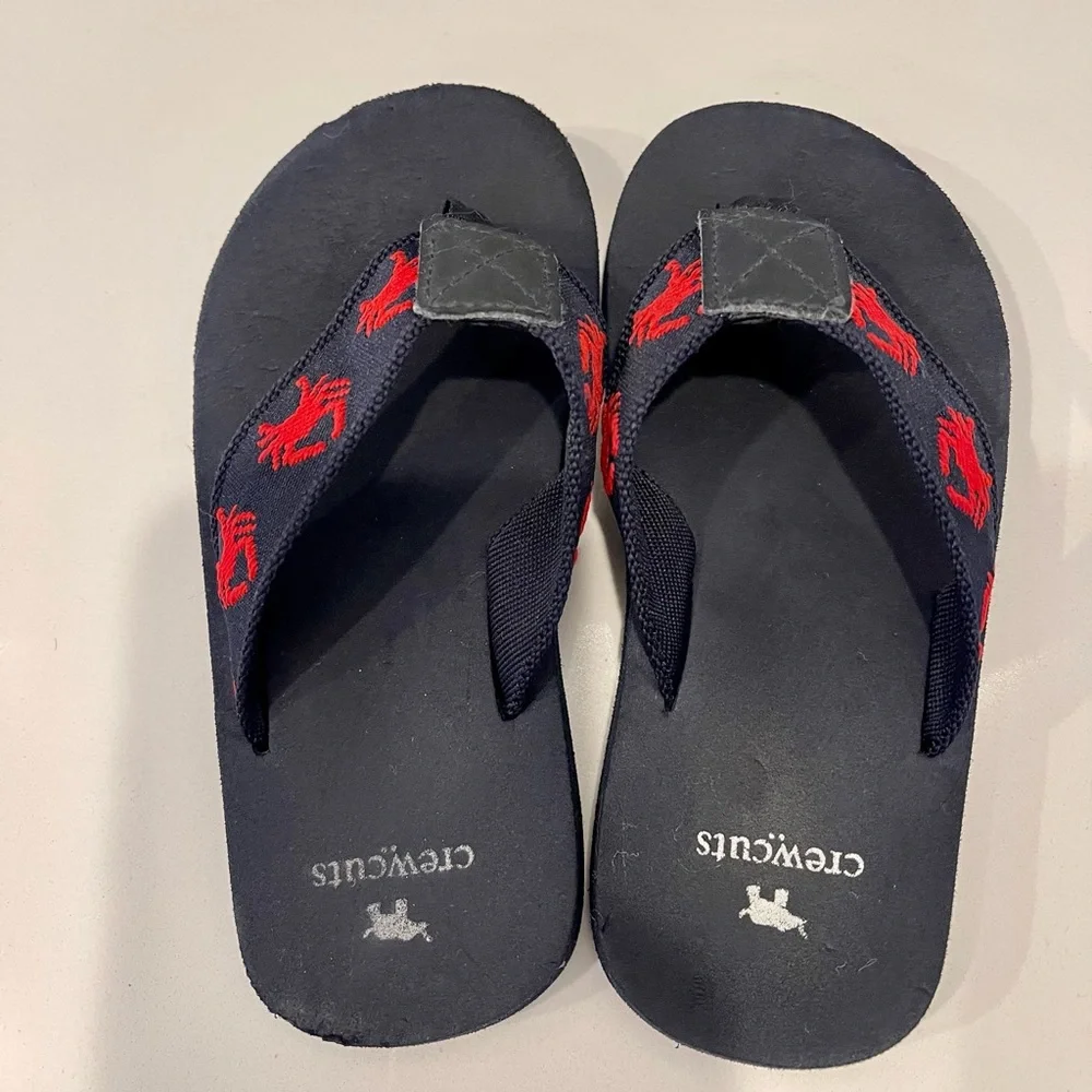 J.Crew Crewcuts Kids Flip-Flops – Blue w/ Red Crab Embroidery, Size 11